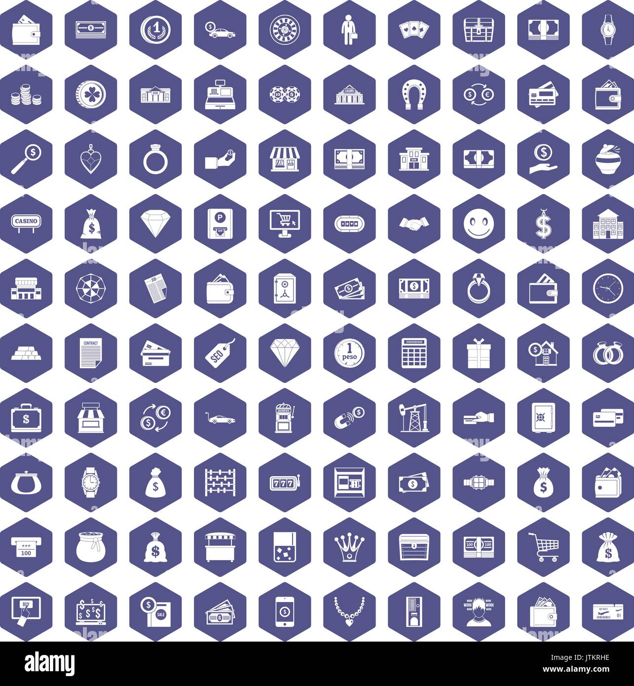 100 money icons hexagon purple Stock Vector