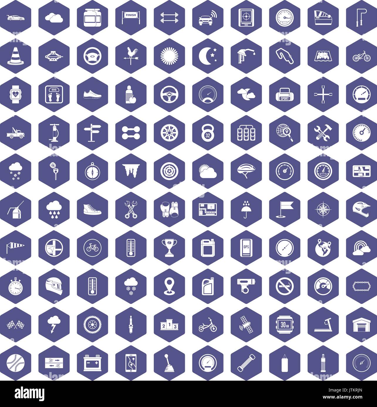 100 motorsport icons hexagon purple Stock Vector