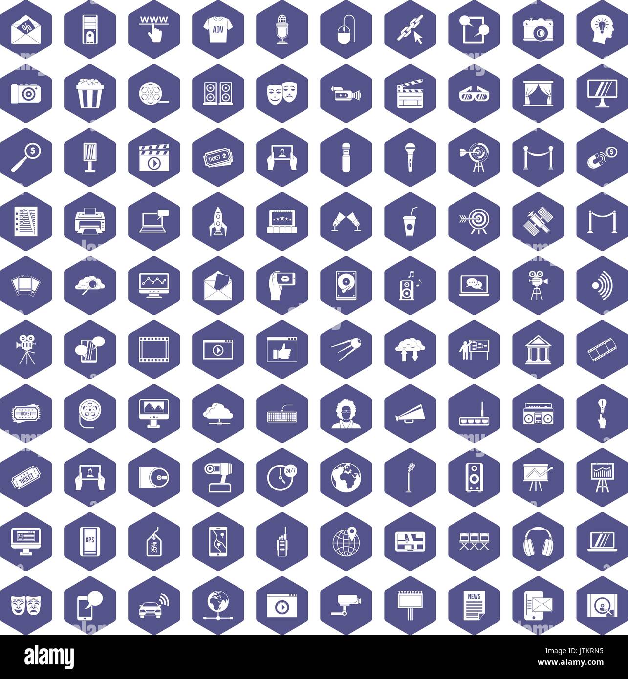 100 multimedia icons hexagon purple Stock Vector