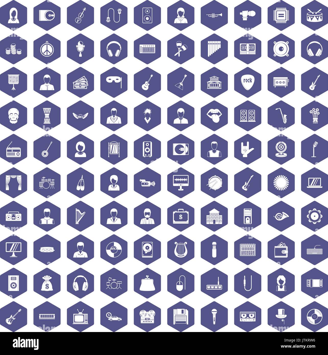 100 music icons hexagon purple Stock Vector