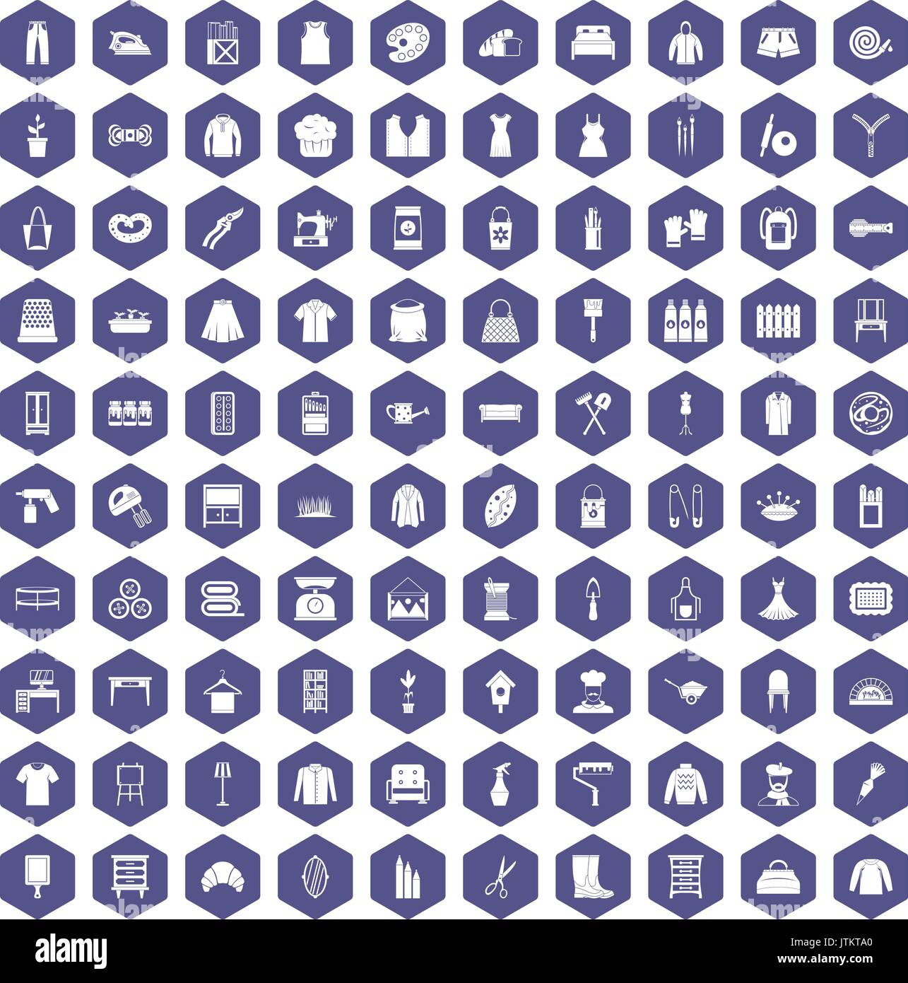 100 needlework icons hexagon purple Stock Vector