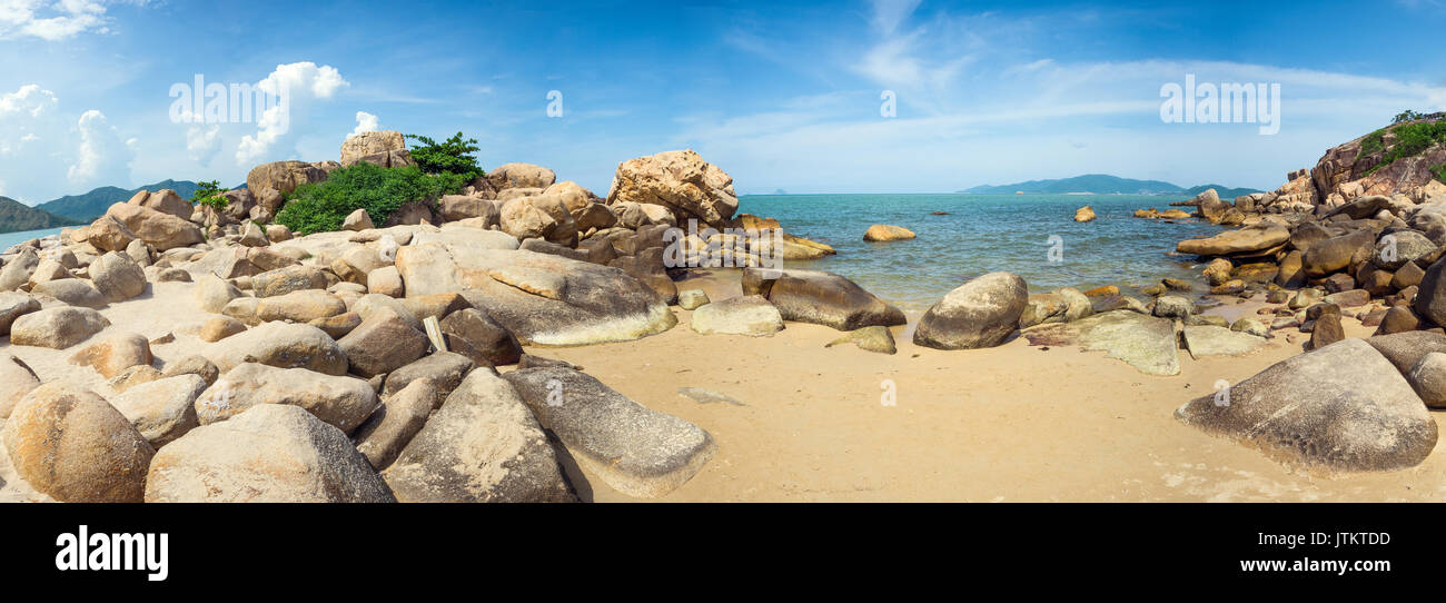 Panorama of the sea with rocks in the foreground - Hong Chong - in Nha Trang, Vietnam. Stock Photo