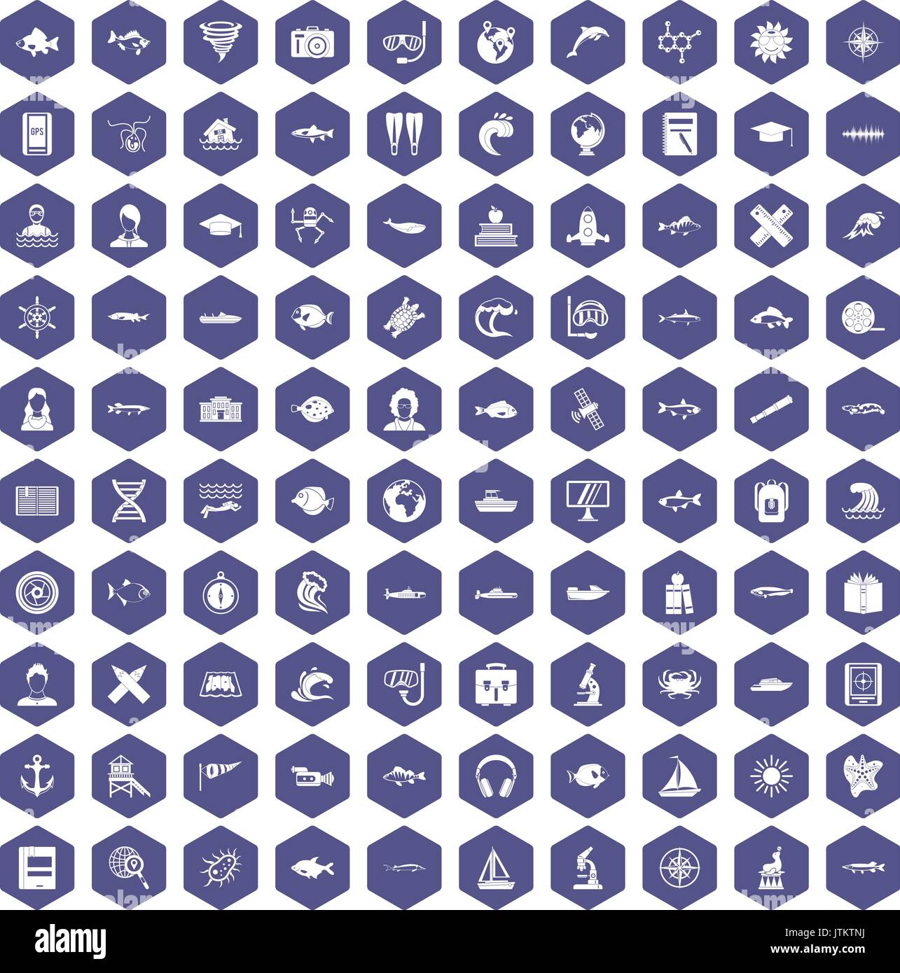 100 oceanologist icons hexagon purple Stock Vector