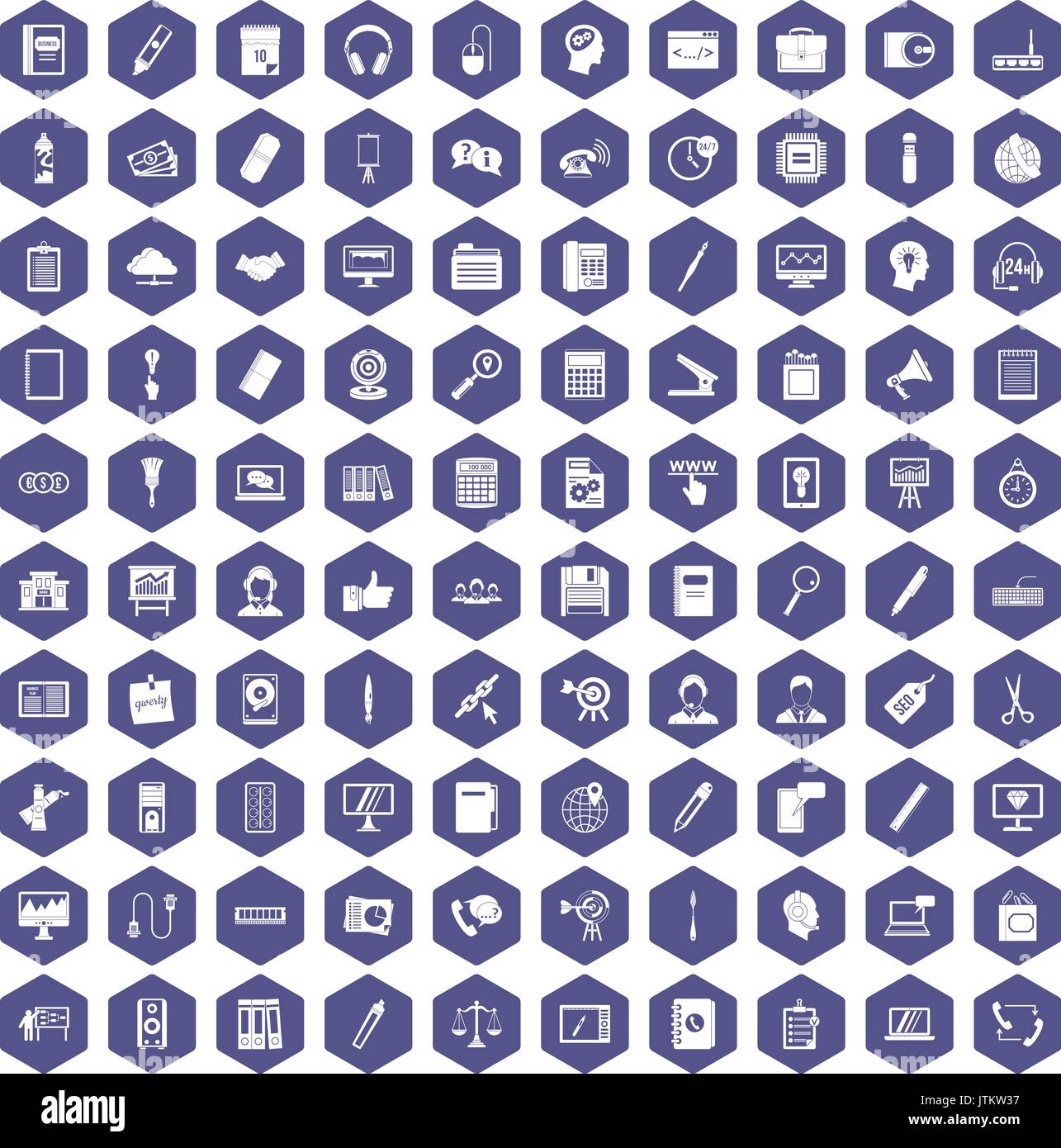 100 office work icons hexagon purple Stock Vector
