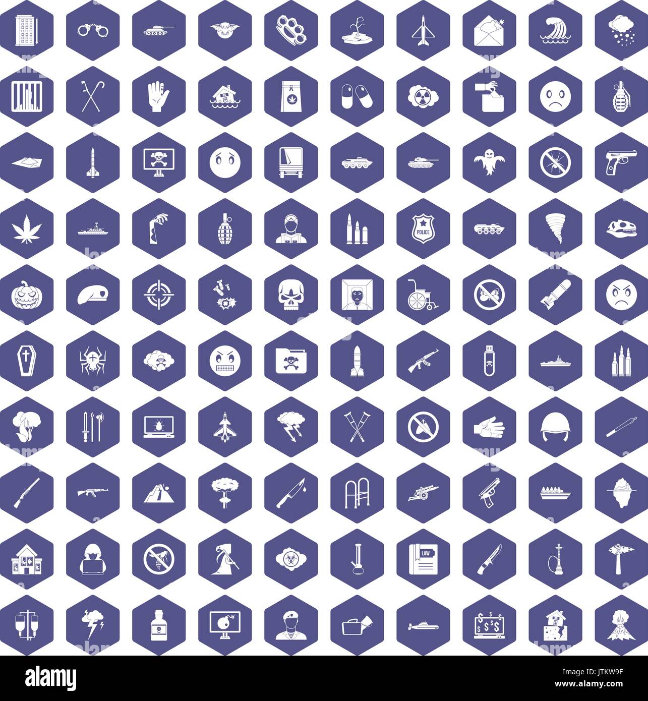 100 oppression icons hexagon purple Stock Vector