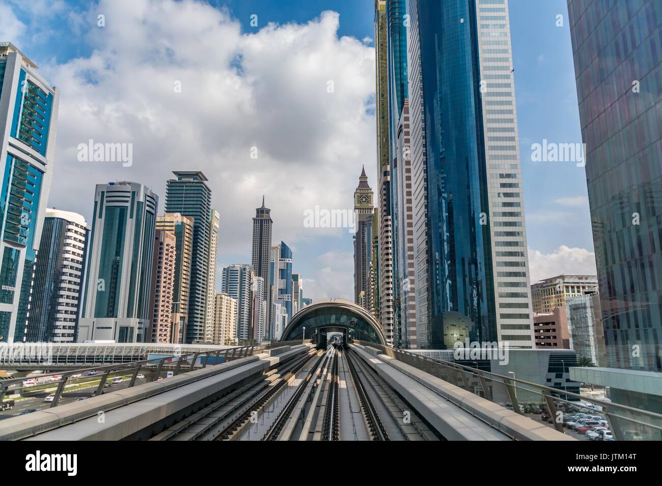 Cityscape of Dubai, view from the Dubai metro, United Arab Emirates Stock Photo