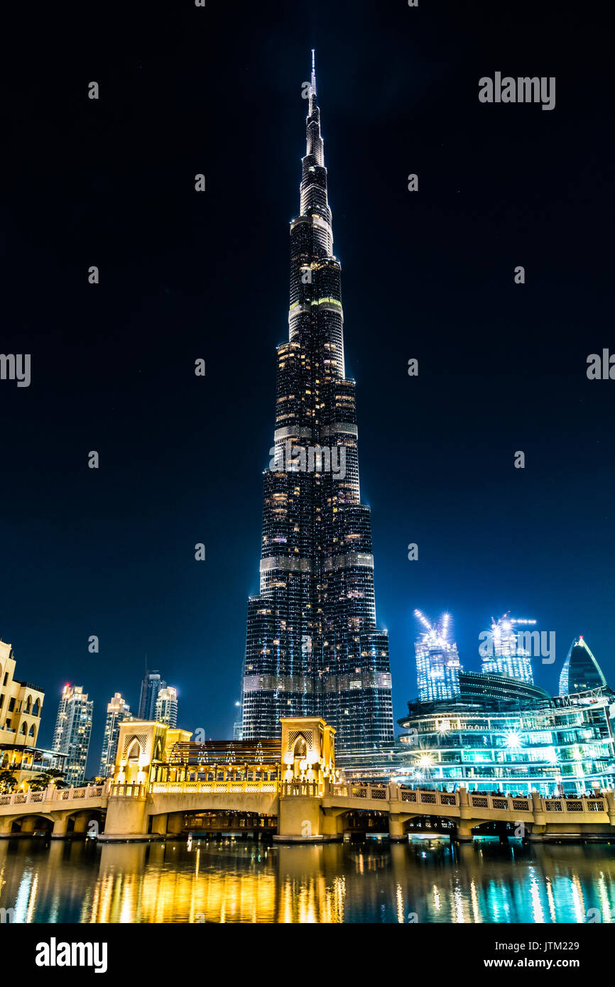 View of Burj Khalifa at night during light show, Dubai, United Arab  Emirates Stock Photo - Alamy