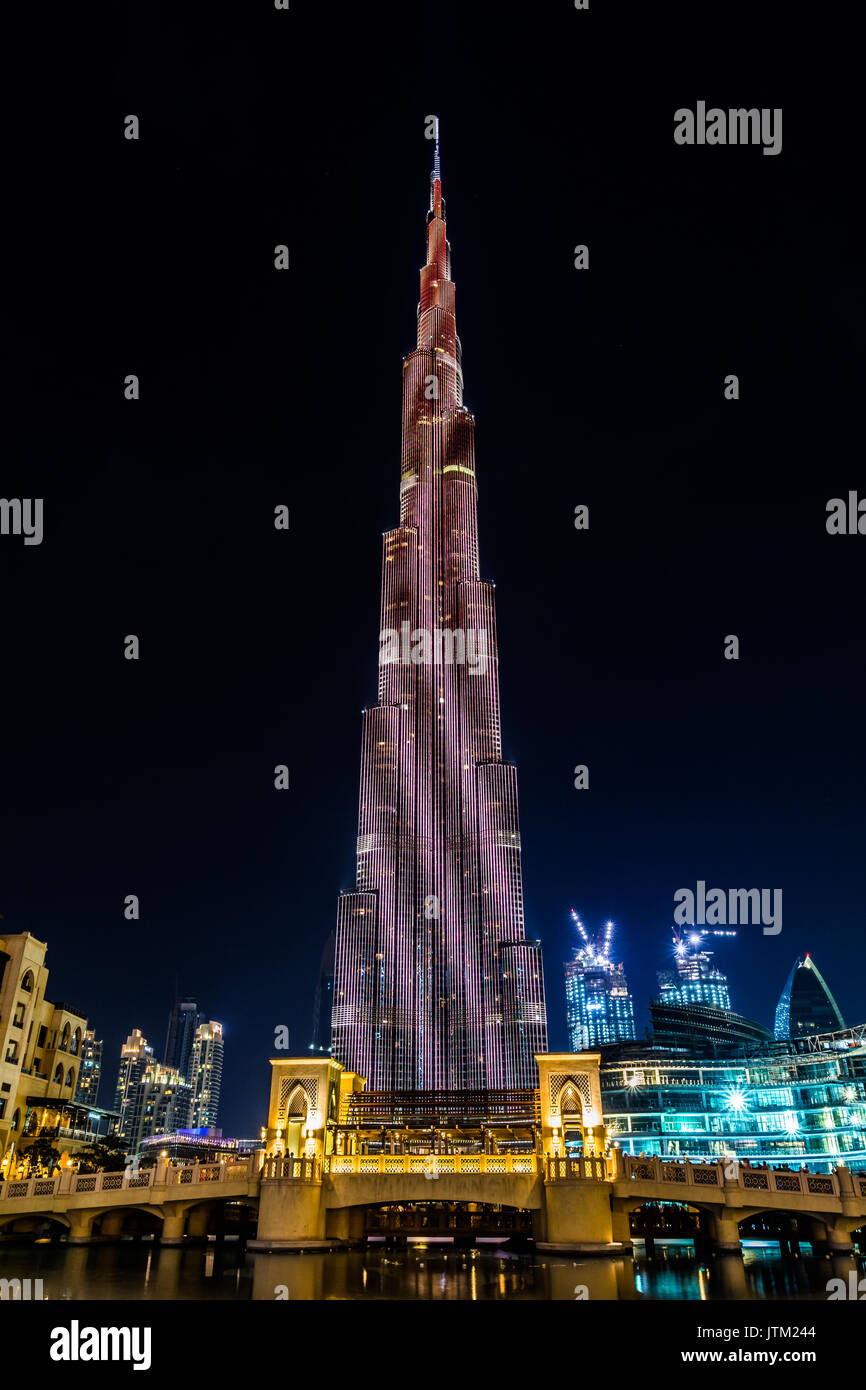 View of Burj Khalifa at night during light show, Dubai, United Arab
