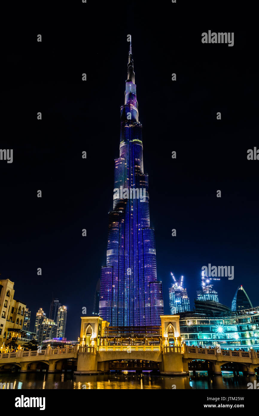View of illuminated Burj Khalifa at night, Dubai, United Arab Emirates Stock Photo