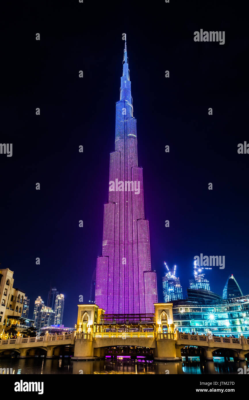 View of illuminated Burj Khalifa at night, Dubai, United Arab Emirates Stock Photo