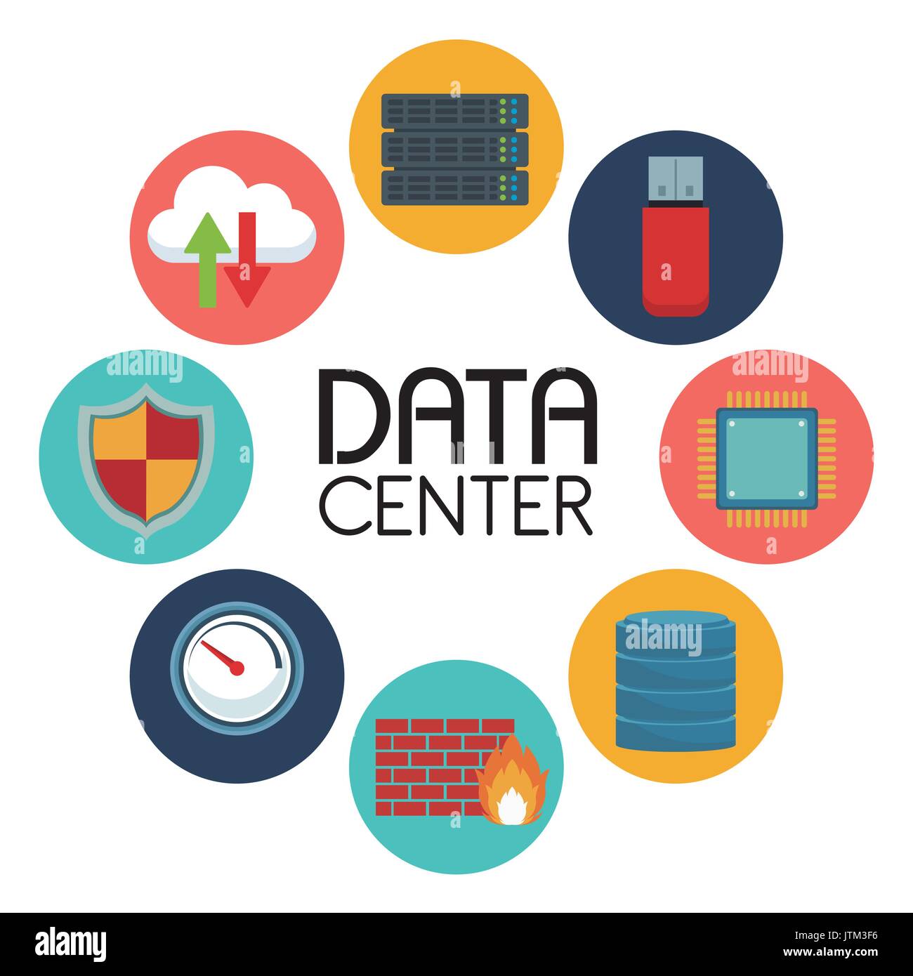 white background with text data center an icons elements around Stock Vector