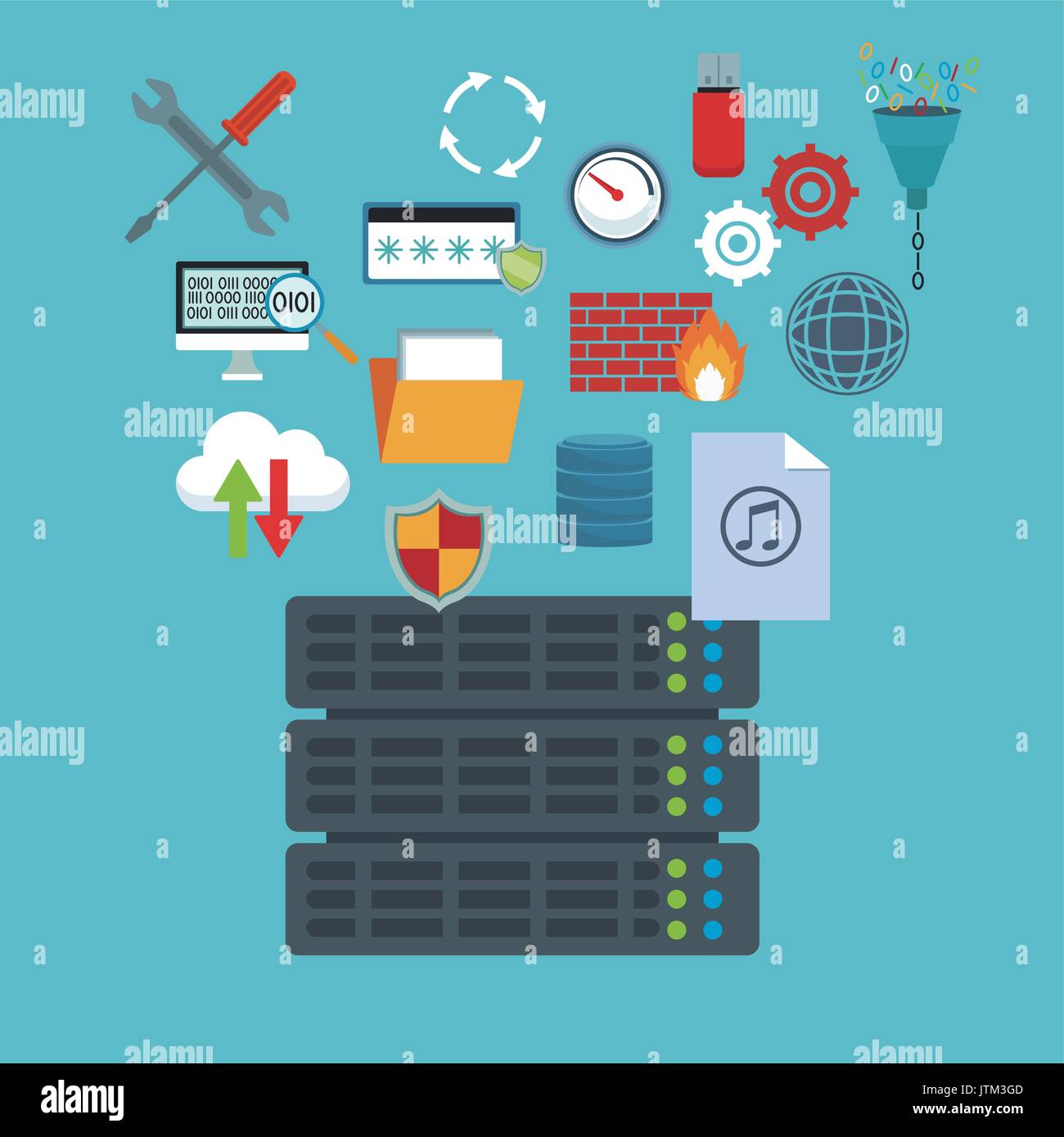 color background with rack server router and technology elements in ...