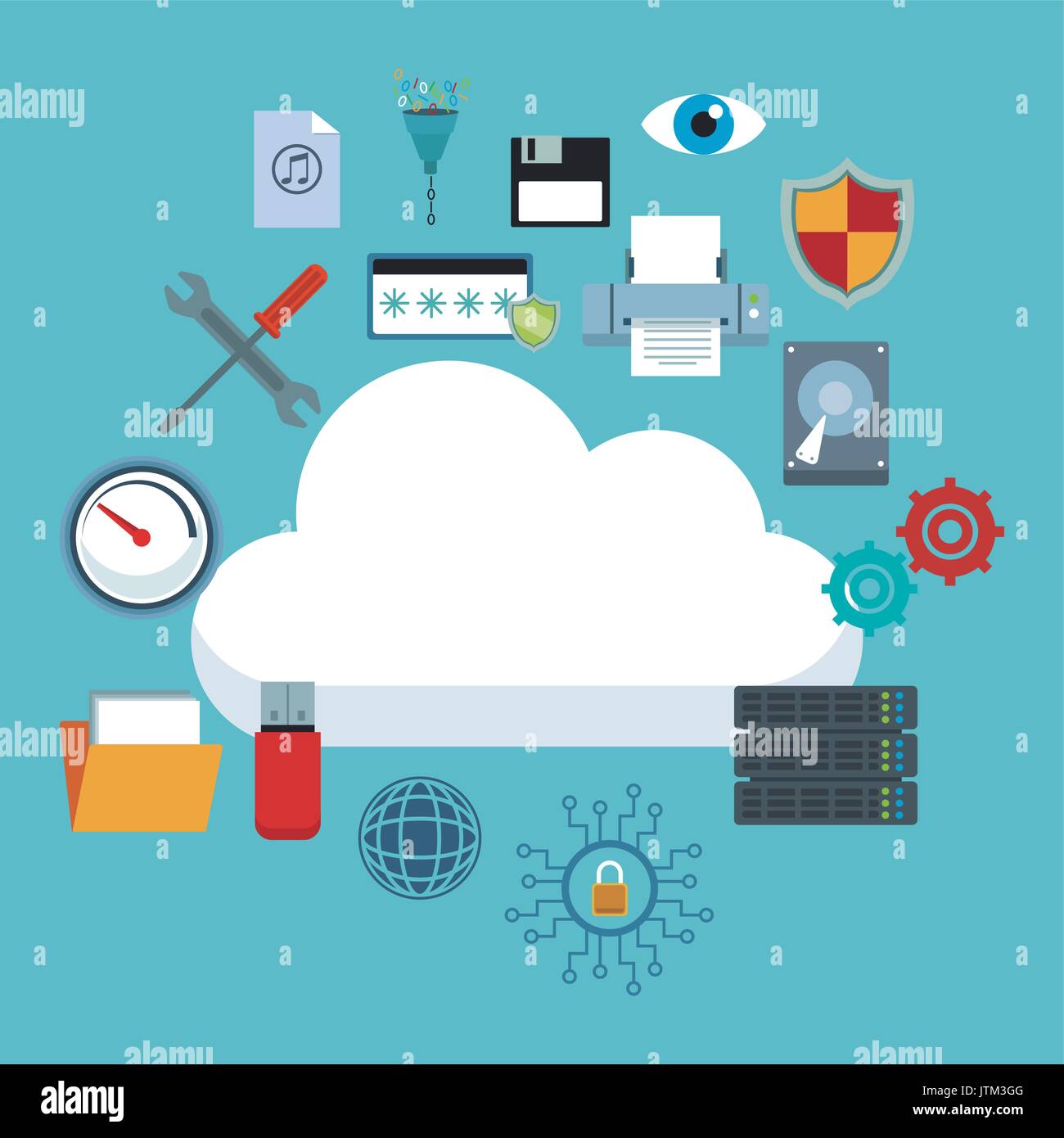 color background with cloud storage and technology elements in icons floating around Stock Vector