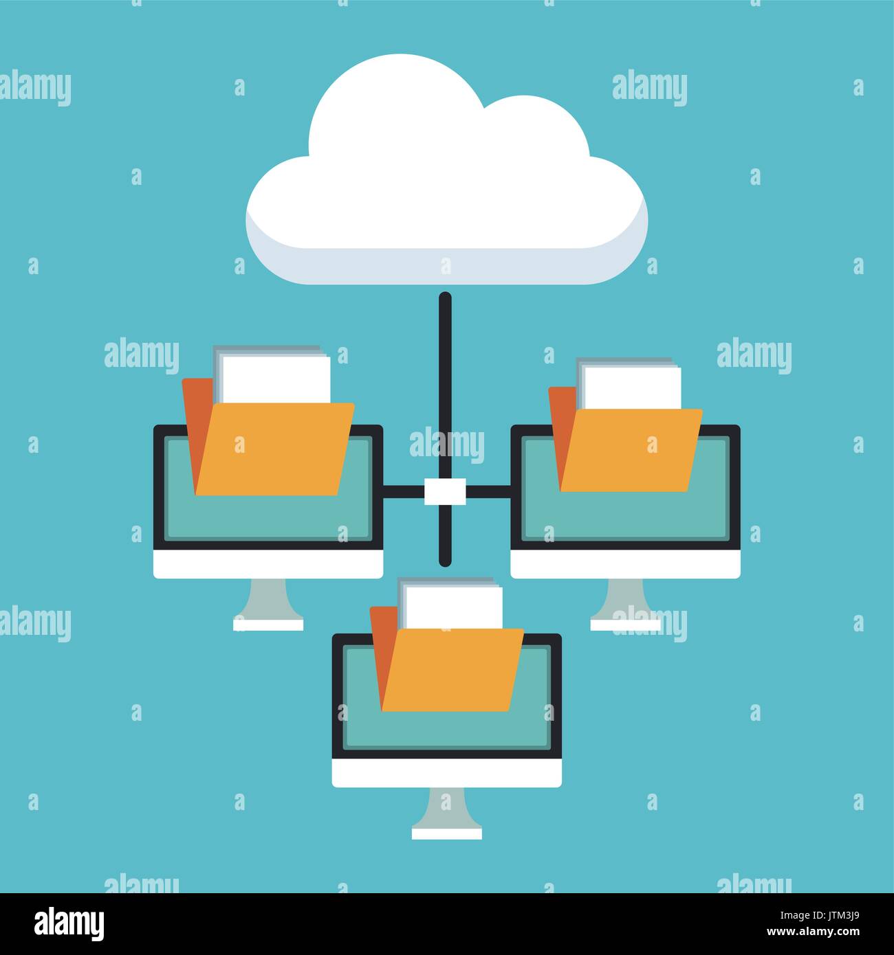 color background with cloud storage and computer display group with folders Stock Vector