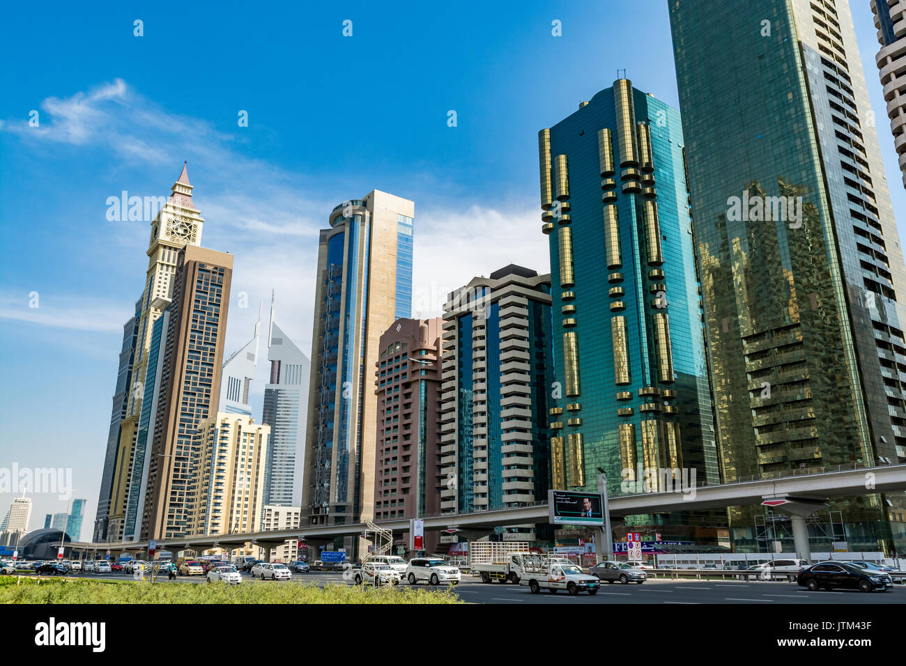 View of the skyscrapers along Sheikh Zayed Road - Dubai International Financial Centre, Dubai, United Arab Emirates Stock Photo