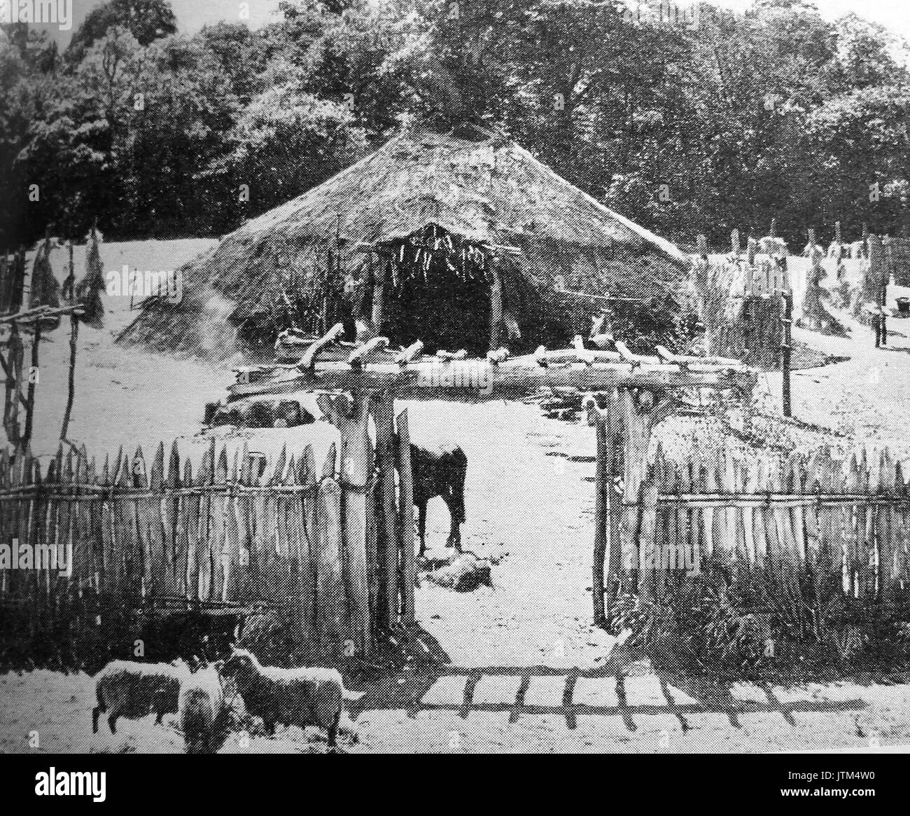 A newspaper photograph of former Little Woodbury (near Salisbury, Wiltshire, UK ) archaeological site, being a reproduction of an  Iron Age farm dwelling c1950 Stock Photo