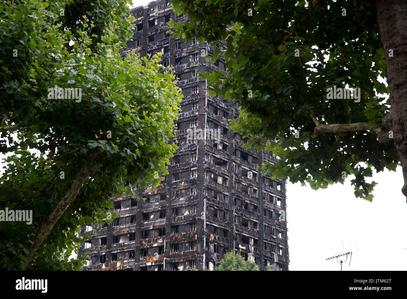 Grenfell Tower, West London. Aftermath of the tragedy. The burnt out housing tower Stock Photo