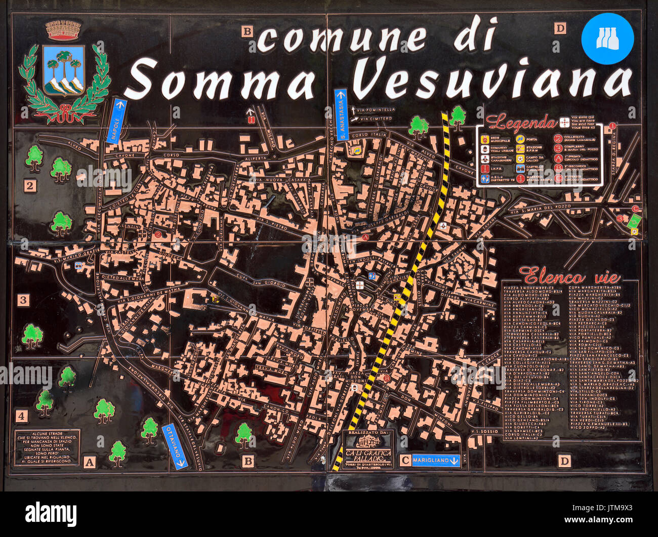 Local town map in ceramic tiles of Somma Vesuviana on outskirts of Naples and on slope of dormant Mount Vesuvius volcano Stock Photo