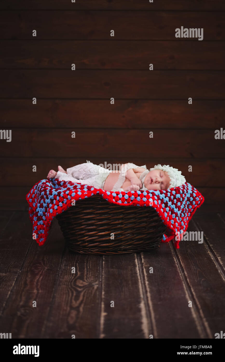 cute newborn baby in the basket Stock Photo Alamy
