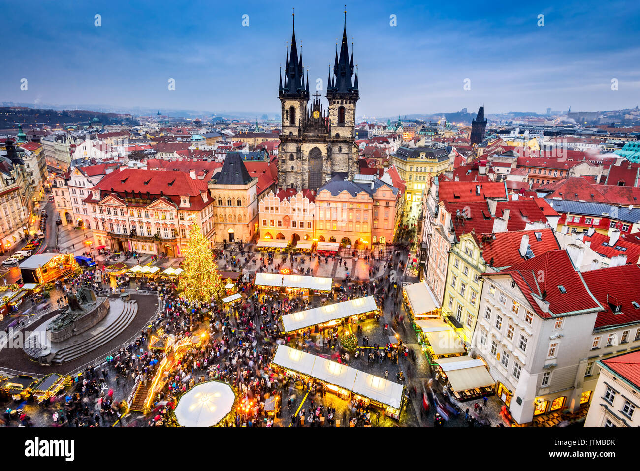 Prague, Czech Republic. Christmas Market in Stare Mesto old square, Tyn Church, Bohemia. Stock Photo