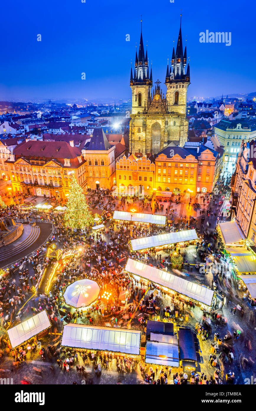 Prague, Czech Republic. Christmas Market in Stare Mesto old square, Tyn Church, Bohemia. Stock Photo