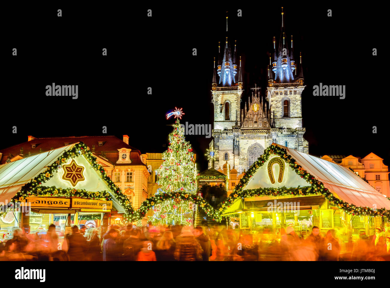 PRAGUE, CZECH REPUBLIC - 18 DECEMBER 2016: Christmas Market in Stare Mesto old square, Tyn Church, Bohemia. Stock Photo