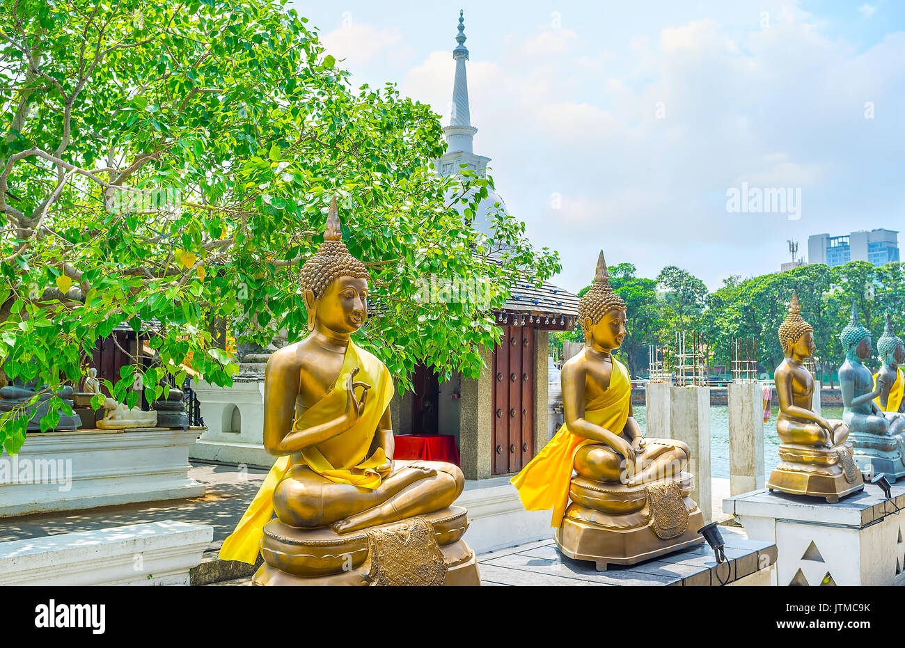 The golden statues of Sitting Buddha in shade of Bodhi Tree of Seema