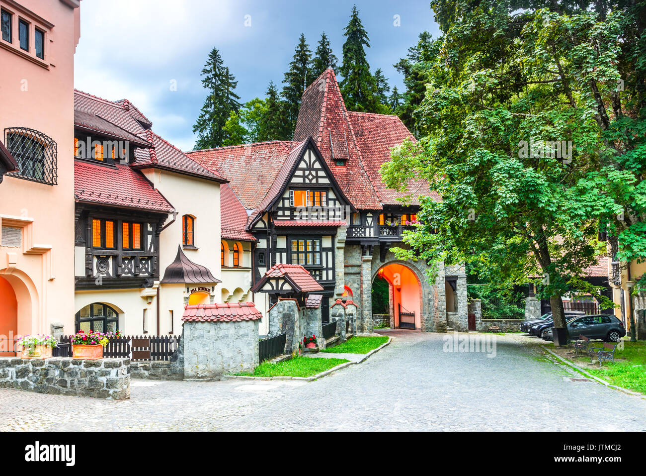Sinaia, Romania. Typical architecture with german influence in the city from Carpathian Mountains, Peles. Stock Photo