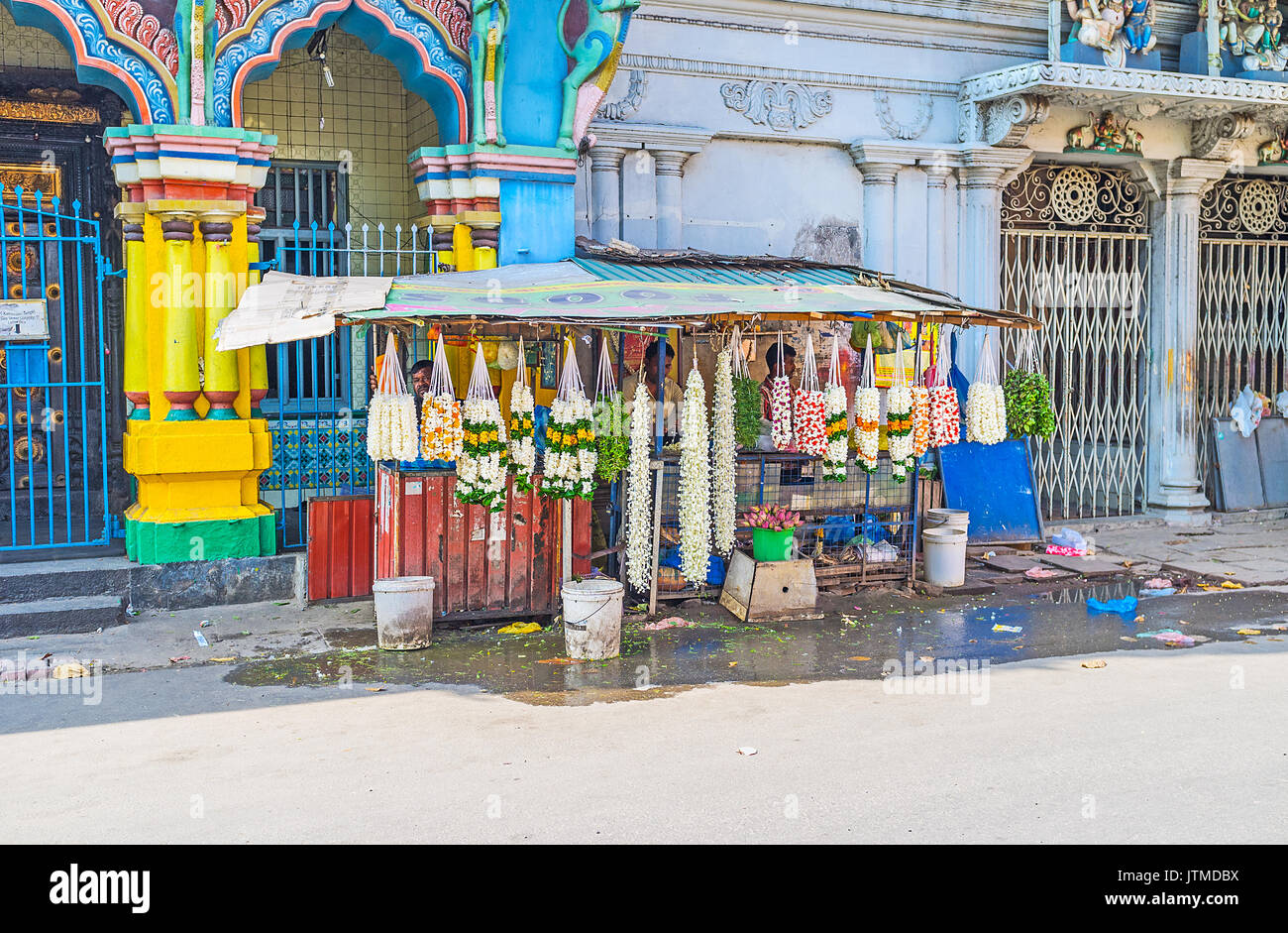 COLOMBO, SRI LANKA - DECEMBER 7, 2016: The flower garlands are important for the Hindus, so the stalls with such goods are located next to the Kovils, Stock Photo