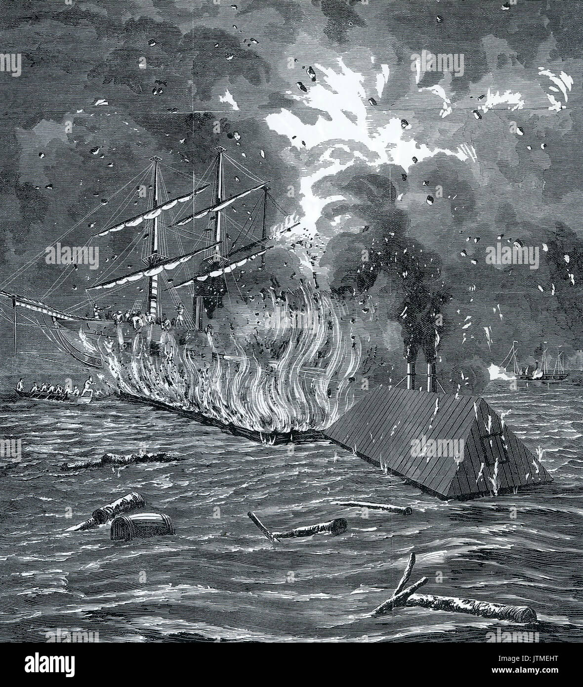 USS HARTFORD is attacked by a Confederate fire raft and an ironclad  ram the Manassas at right on 24 April 1862 during a Union t attack on New Orleans Stock Photo