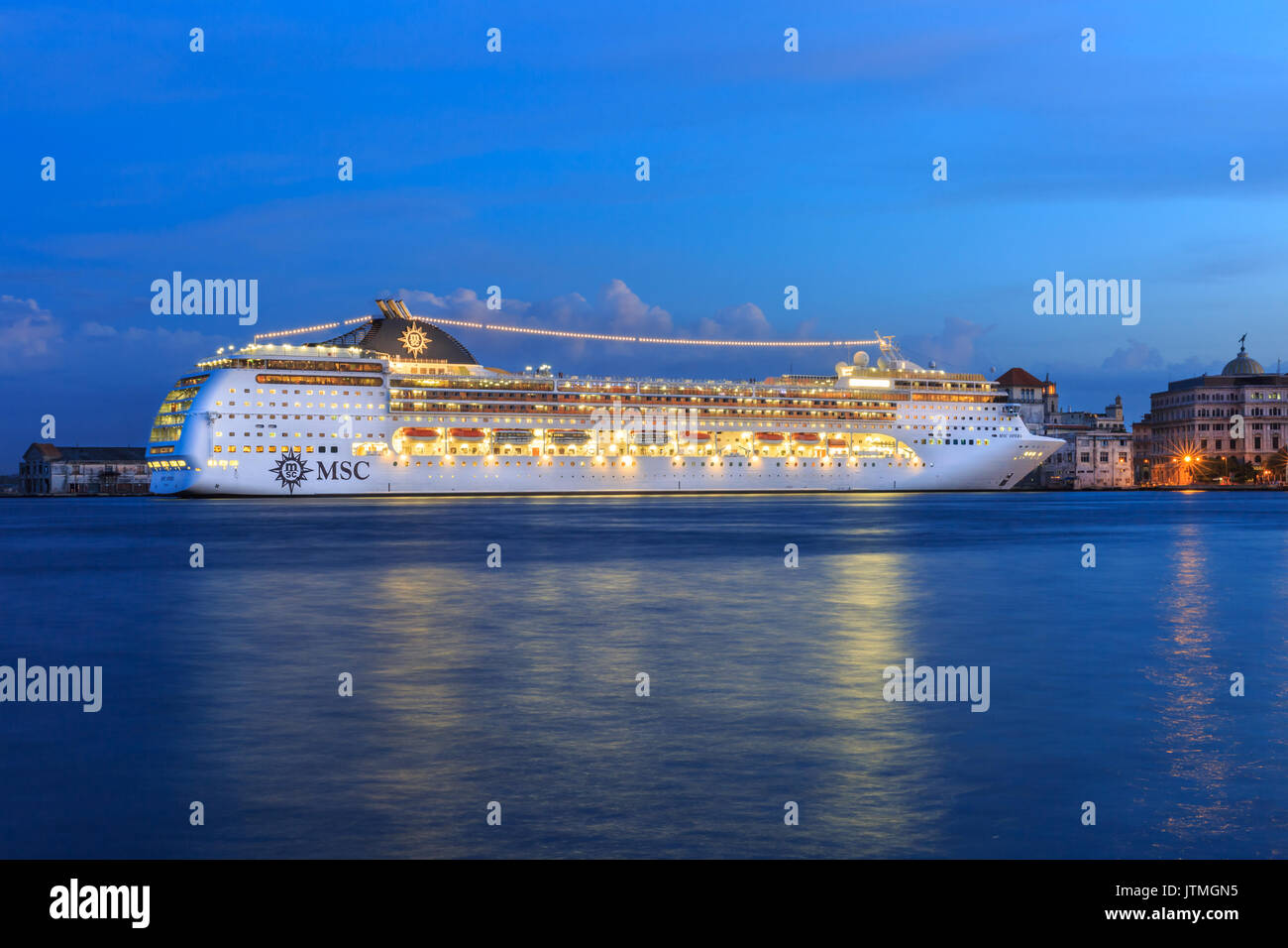 MSC Opera cruise ship docked in Havana, Cuba, evening long exposure Stock Photo