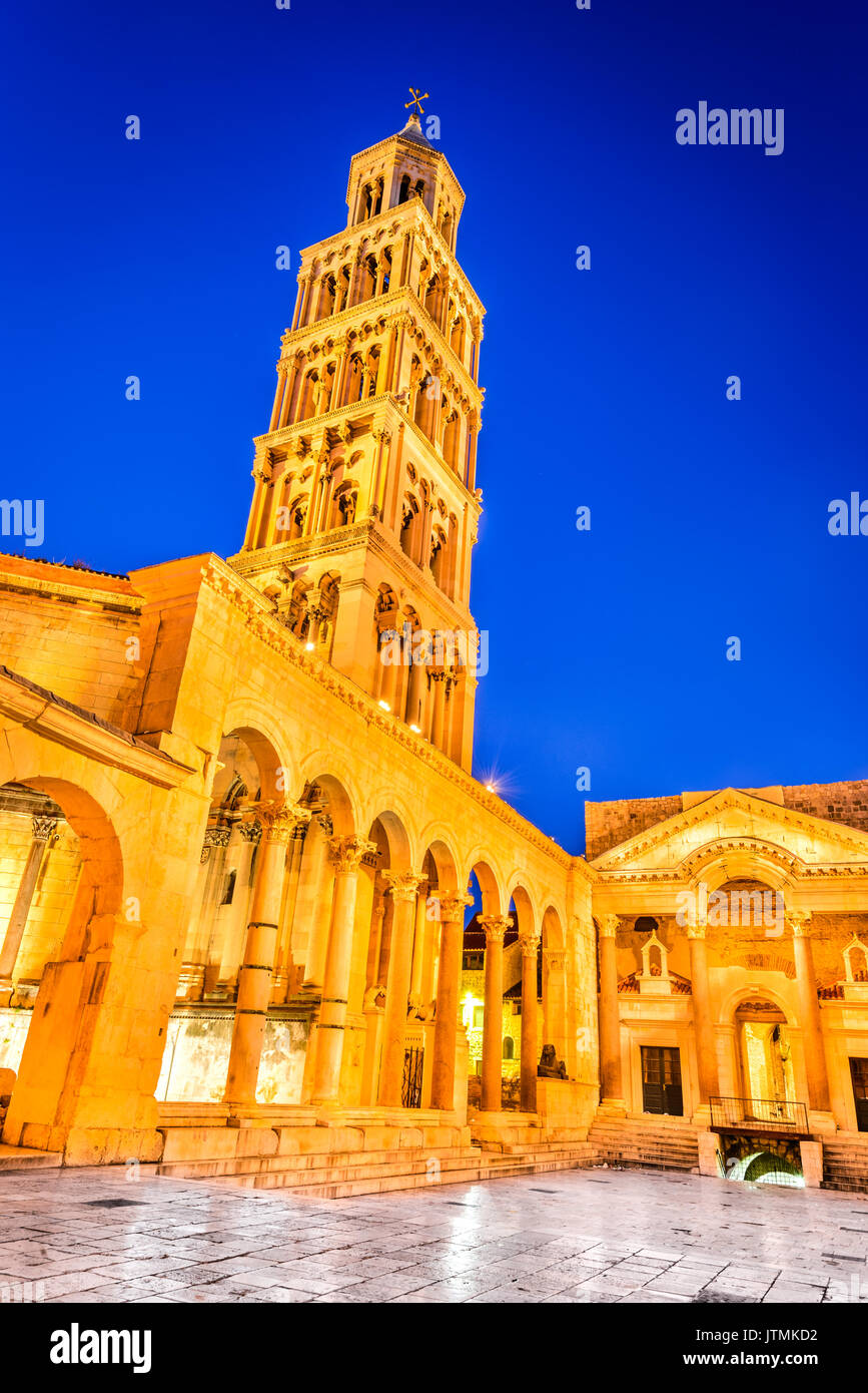 Split, Croatia. The tower of Cathedral Saint Domnius and the ancient peristyle, twilight Stock Photo