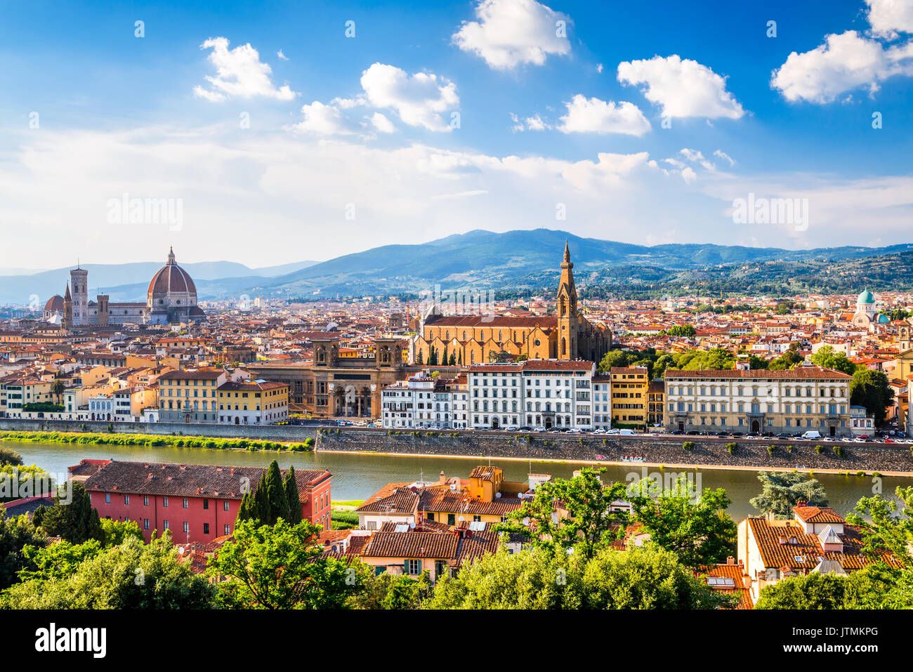 Florence, Tuscany - Sunset view of Duomo Santa Maria del Fiori and Santa Croce, Renaissance architecture in Italy. Stock Photo