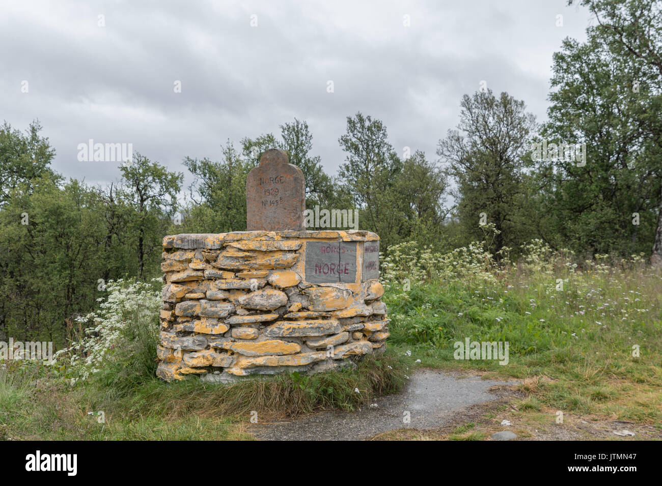 border marker between Norway Norge and Sverige Sweden Stock Photo