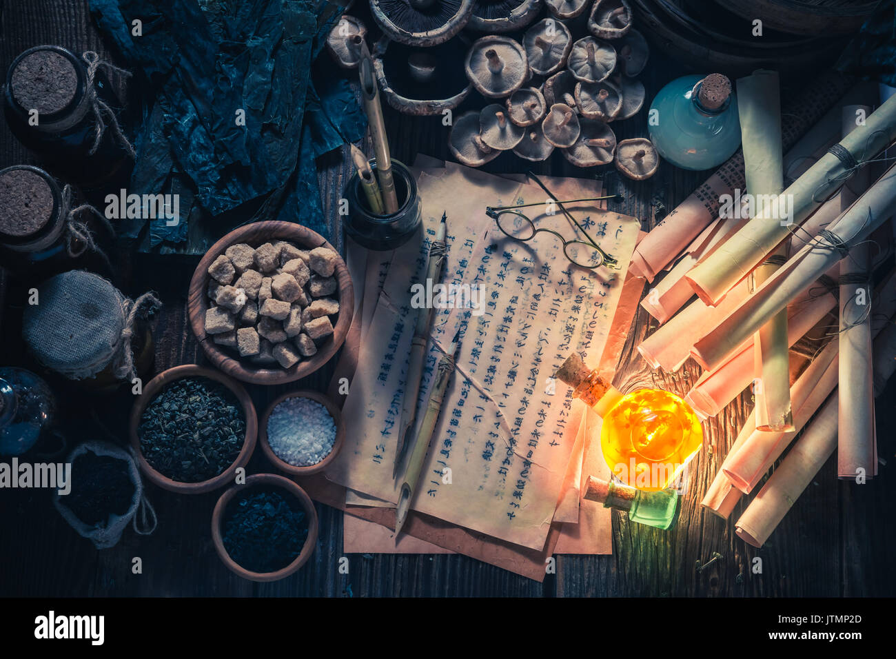 Old scrolls and recipe in vintage kitchen laboratory Stock Photo Alamy