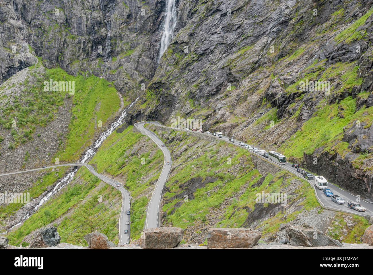 Queuing cars at Trollstigen switchback road Stock Photo