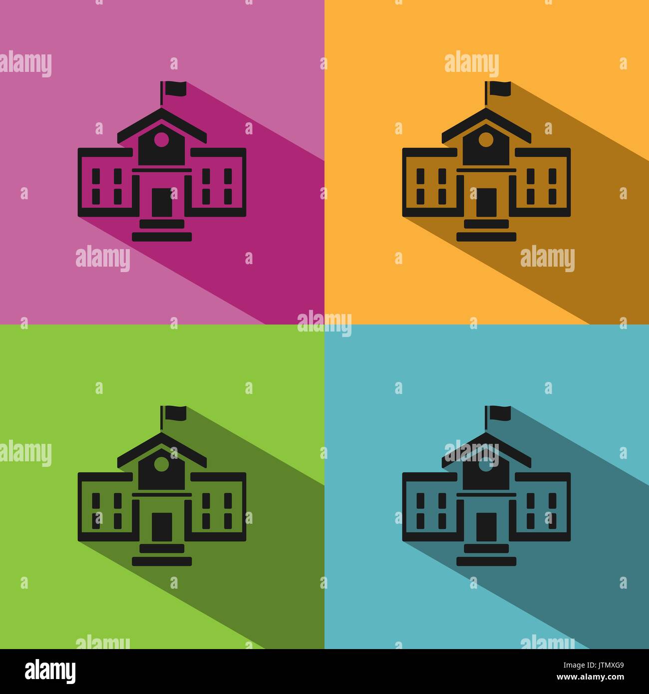 School building icon with shadow on colored backgrounds Stock Vector