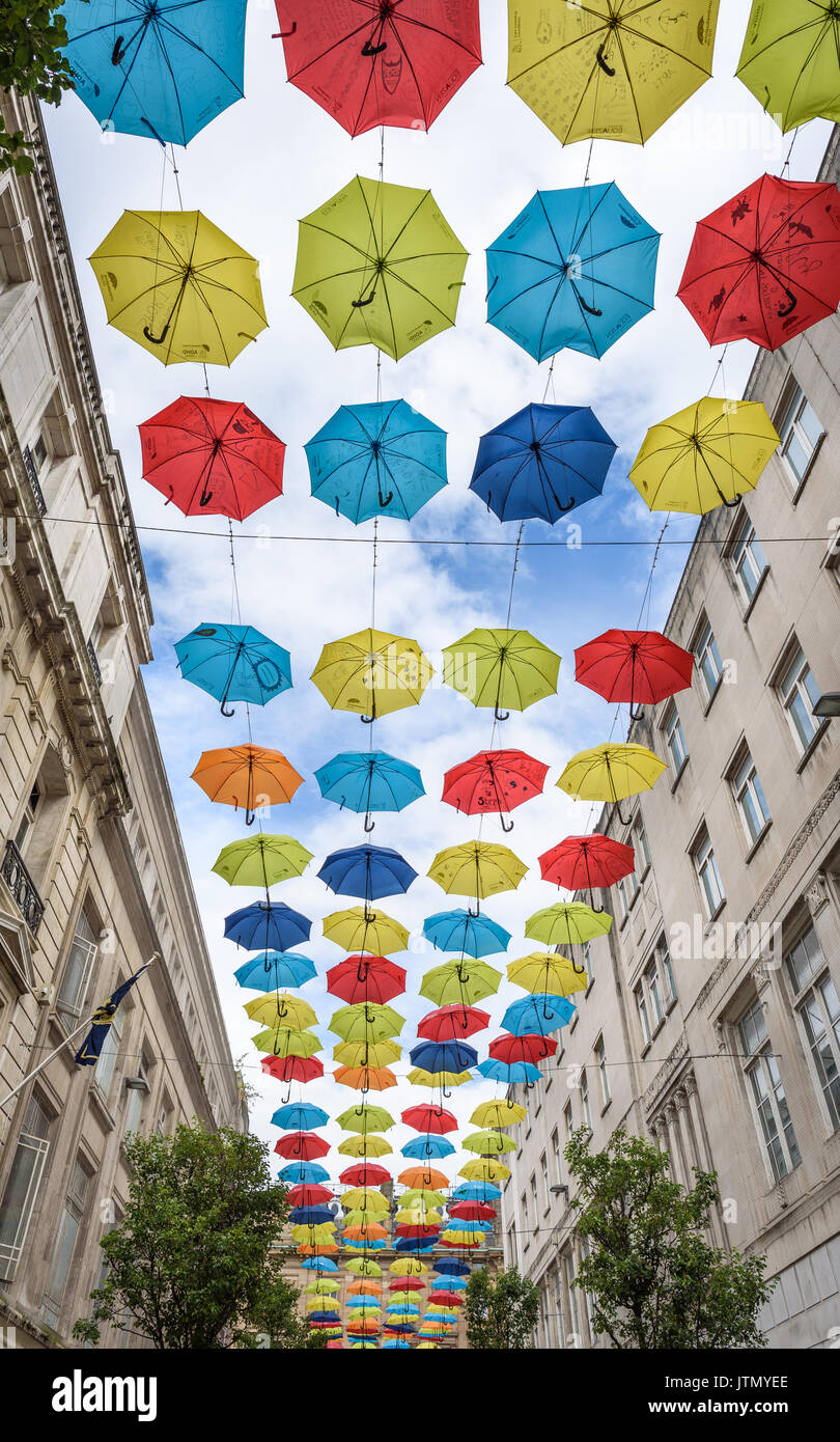 Two hundred colourful umbrellas hanging above a street in Liverpool