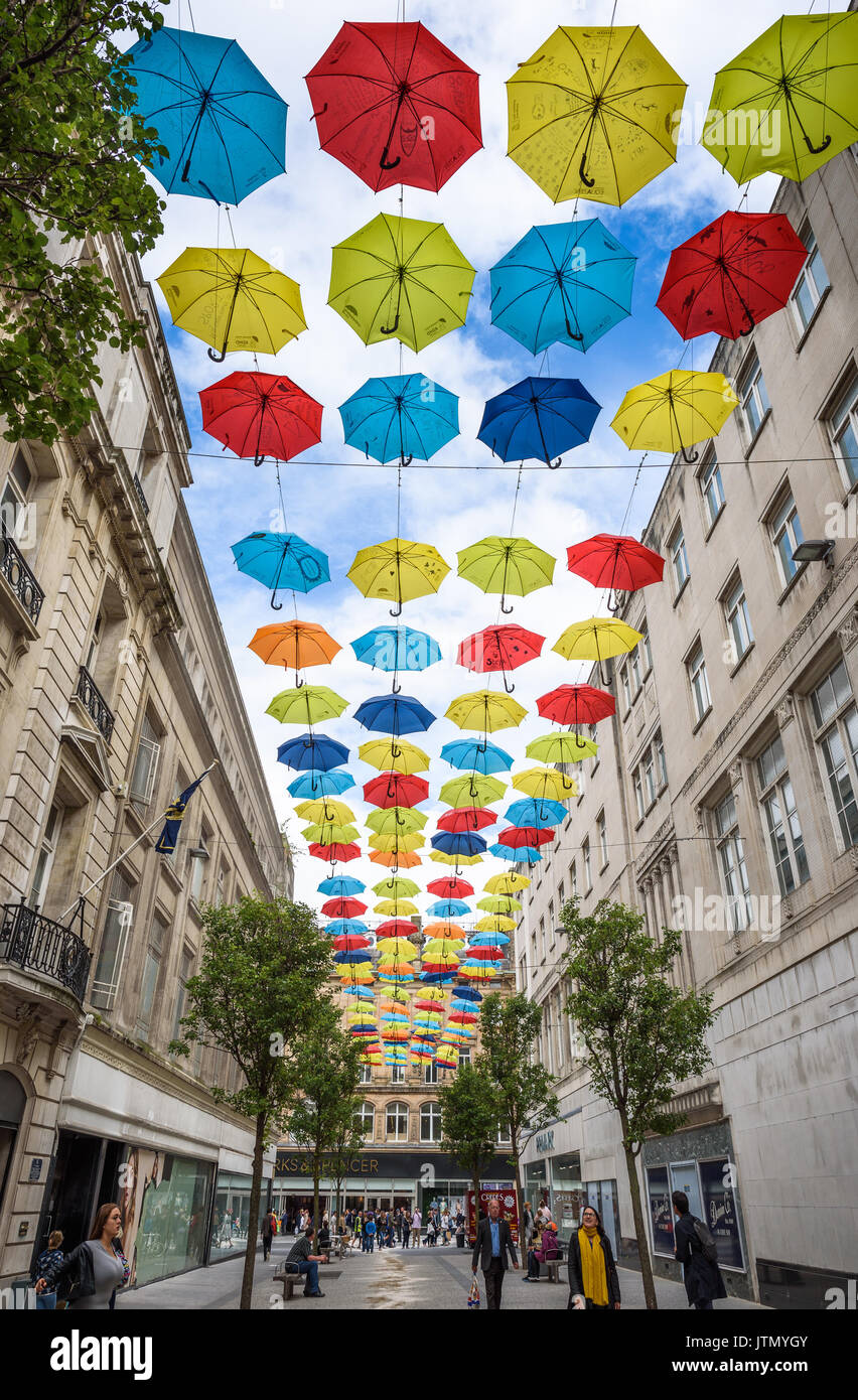 Two hundred colourful umbrellas hanging above a street in Liverpool Stock Photo 152895371 Alamy