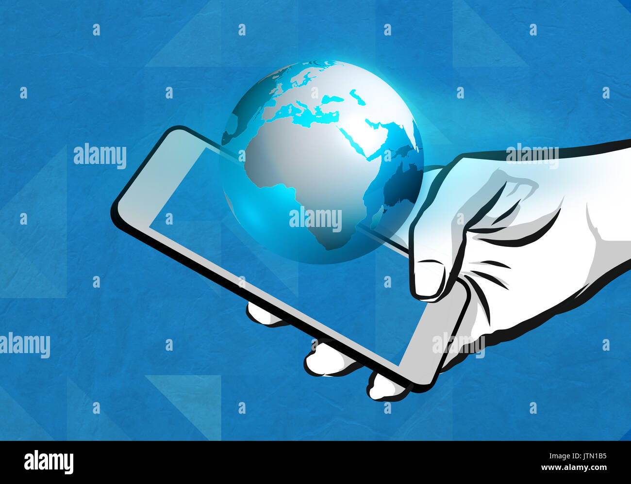 Wireless communication technology illustration with mobile phone and blue earth globe in foreground Stock Photo