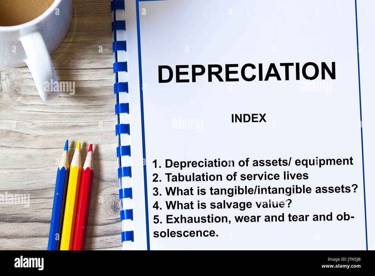 Depreciation value of assets and equipment concept with contents of a