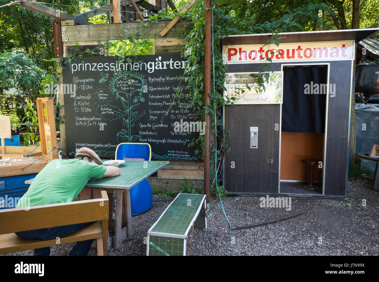 view of urban city community garden called Prinzessinnengarten in Kreuzberg, Berlin, Germany. Stock Photo