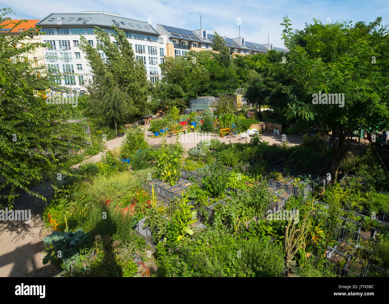 view across urban city community garden called Prinzessinnengarten in Kreuzberg, Berlin, Germany. Stock Photo