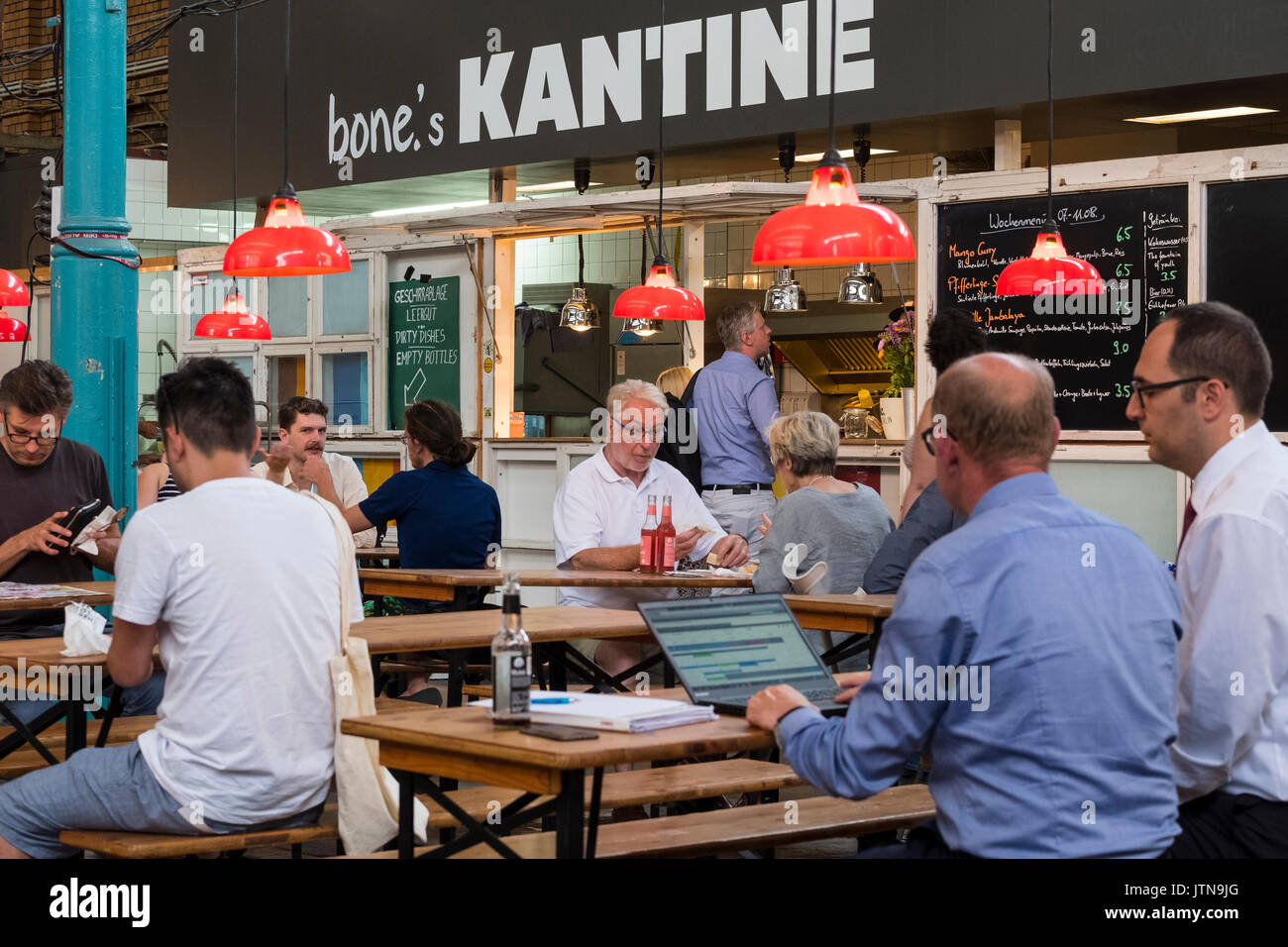 One of many restaurants at at indoor market , Markethalle Neun, Kreuzberg, Berlin, Germany. Stock Photo