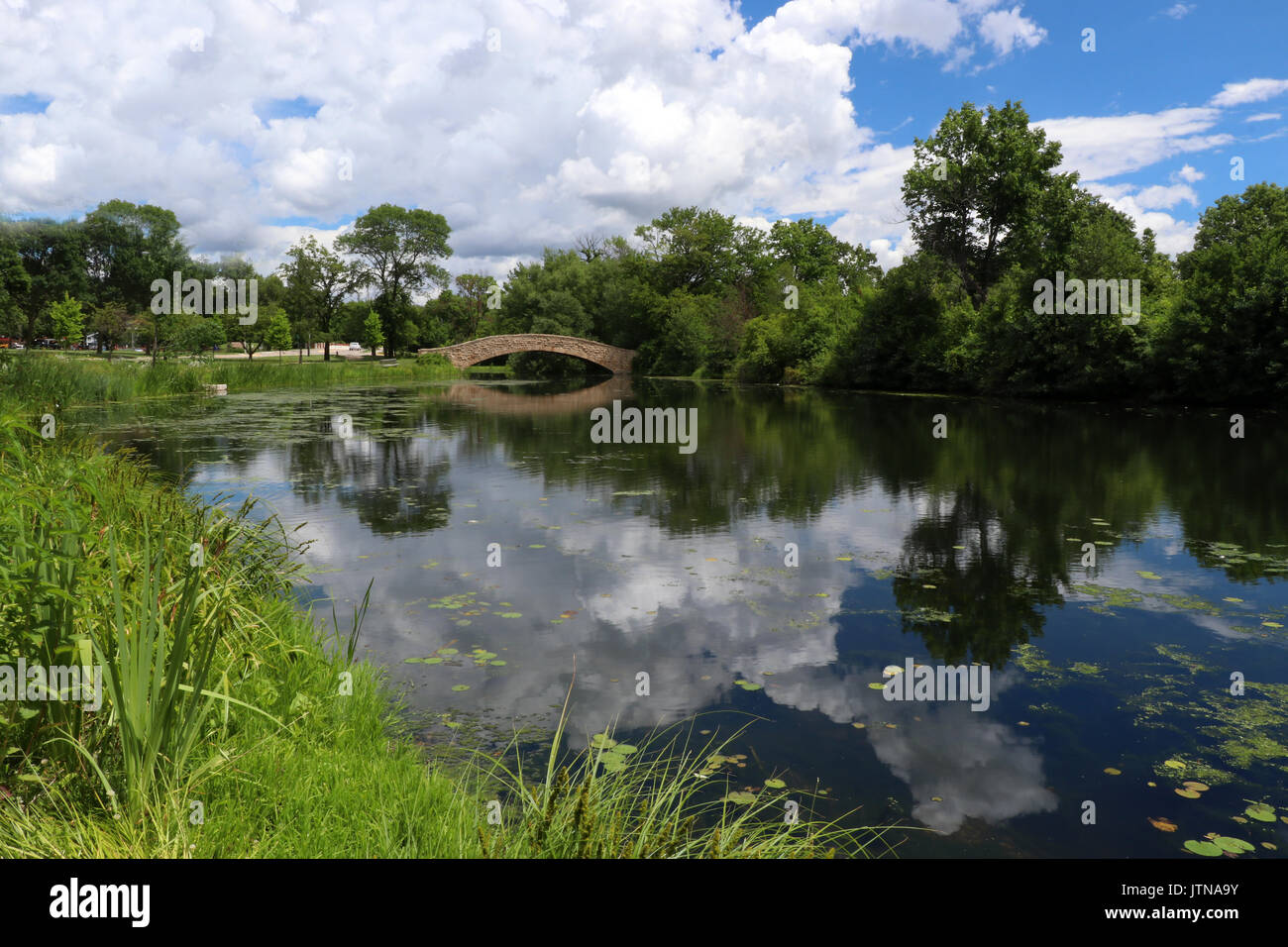 City park landscape with bridge reflected in the pond and beautiful cloudy sky at sunny day. Seasonal nature background. Stock Photo