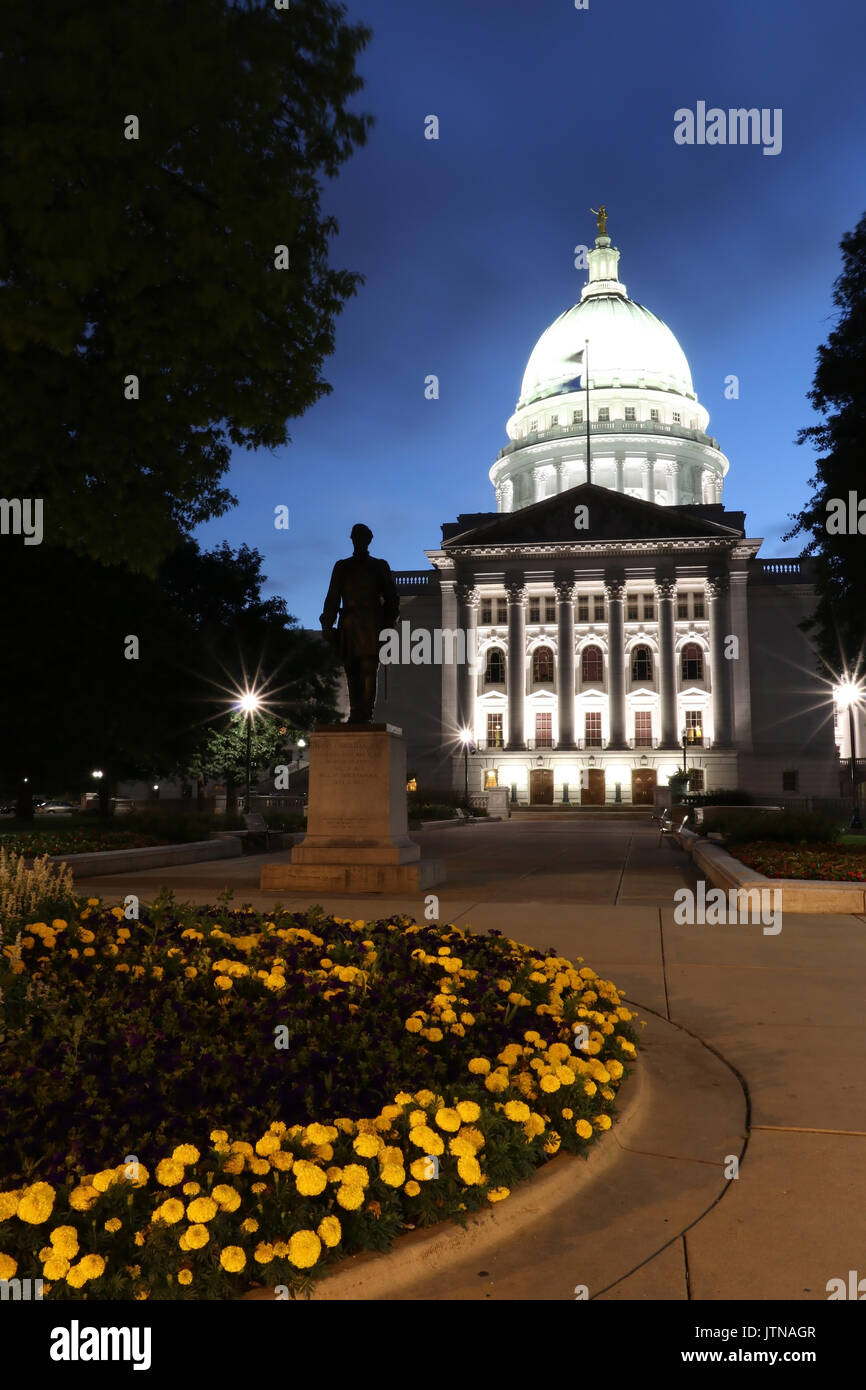 Wisconsin State Capitol building, National Historic Landmark. Madison, Wisconsin, USA. Summer night scene, vertical composition. Stock Photo