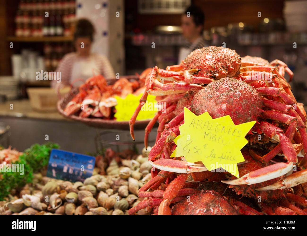 Poissonnerie ( Fishmonger, fish shop ) selling spider crabs for food in St Malo, Brittany