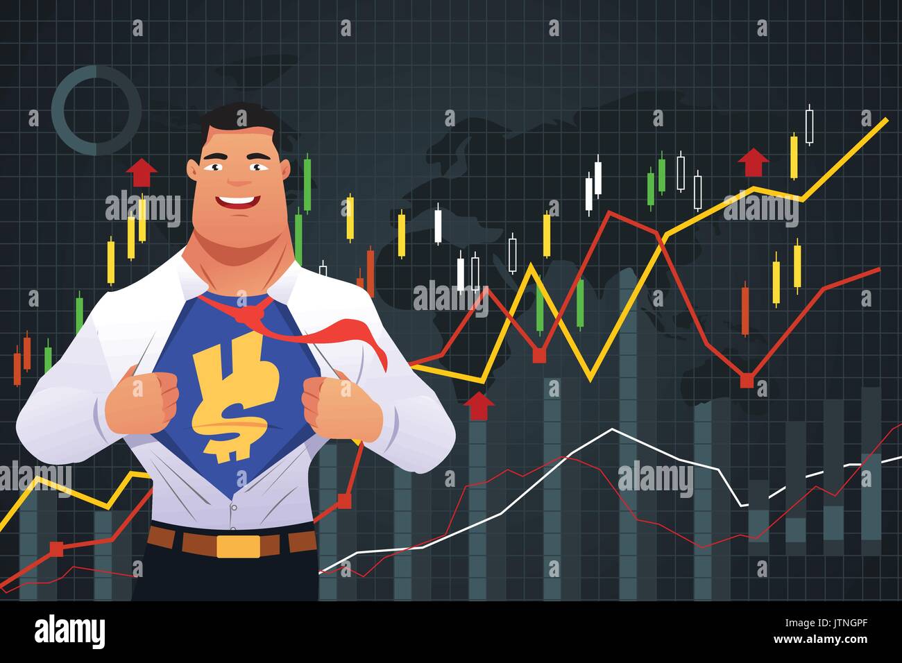 A vector illustration of Superhero Businessman in Finance Concept Stock Vector