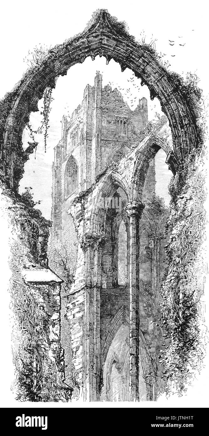 1870: Fountains Abbey is one of the largest and best preserved ruined Cistercian monasteries in England. It is located near Ripon in North Yorkshire. Founded in 1132, the abbey operated for 407 years, until 1539, when Henry VIII ordered the Dissolution of the Monasteries. Stock Photo