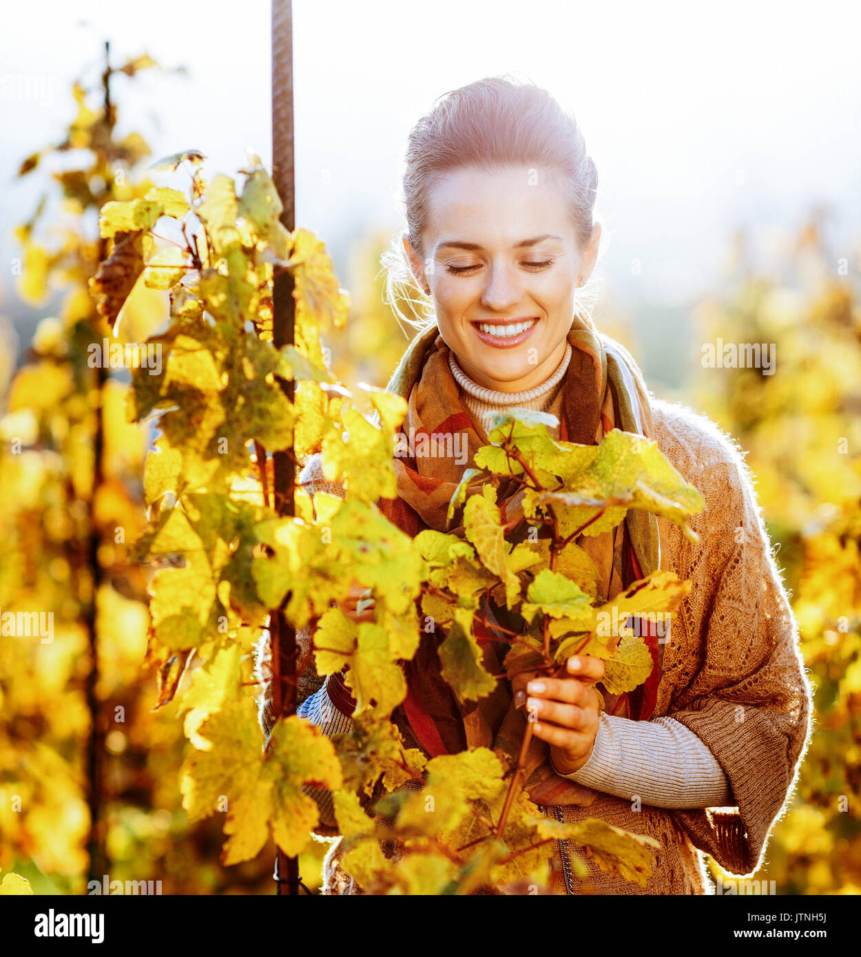 Happy young woman standing in autumn vineyard and looking on branch Stock Photo